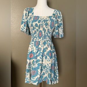 Angie Floral Blue and Cream Smocked Dress Large Flowy Sleeve Square Neck Mini